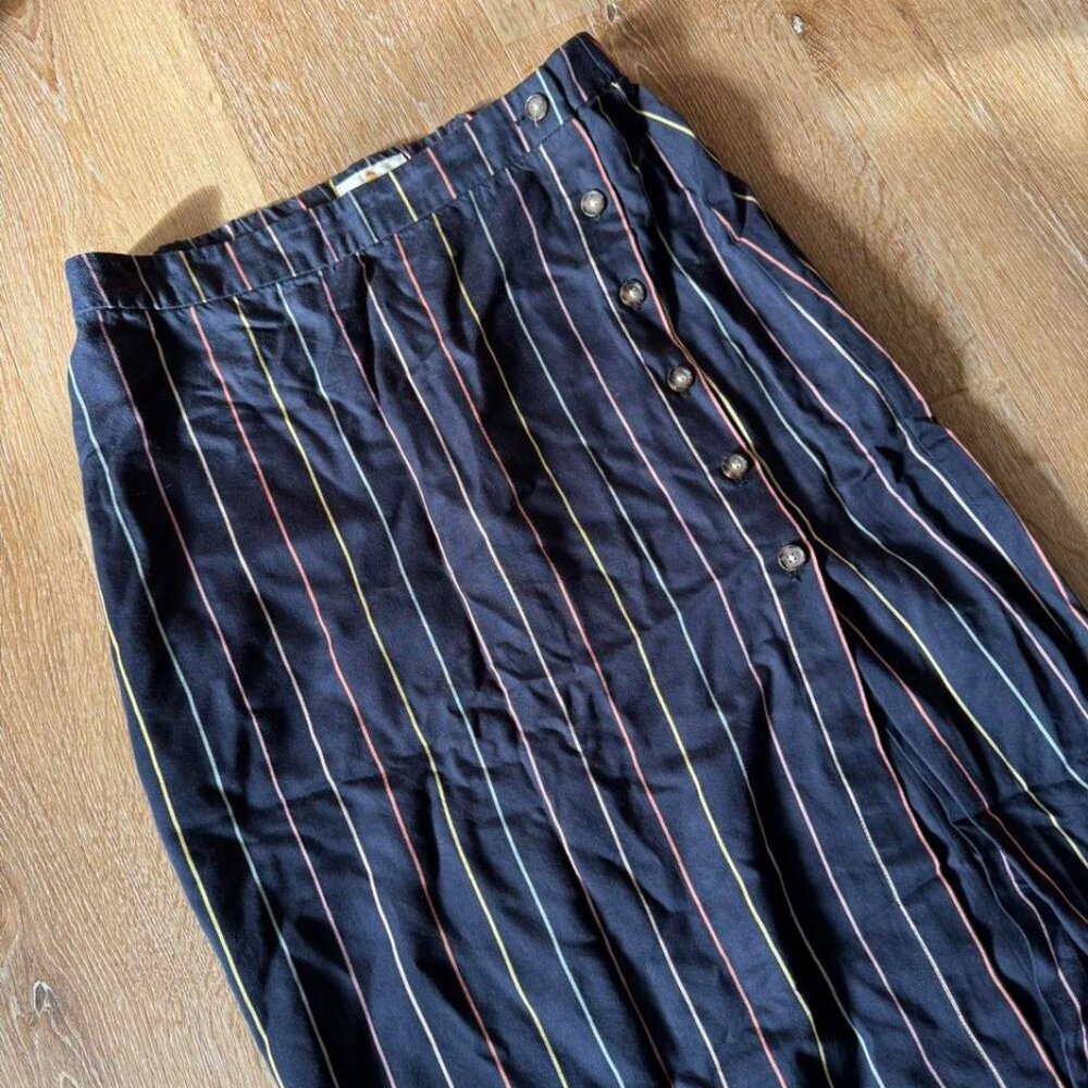 Marine Layer Navy Midi Skirt with Multicolor Pinstripes